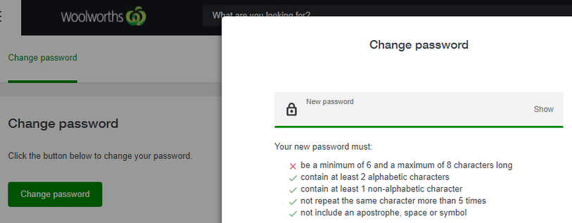 Woolworths having a 6 to 8 character password limit